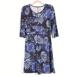 Title Nine Dream Dress Mini  Womens Sz Small Blue Floral 3/4 Sleeve Scoop Neck